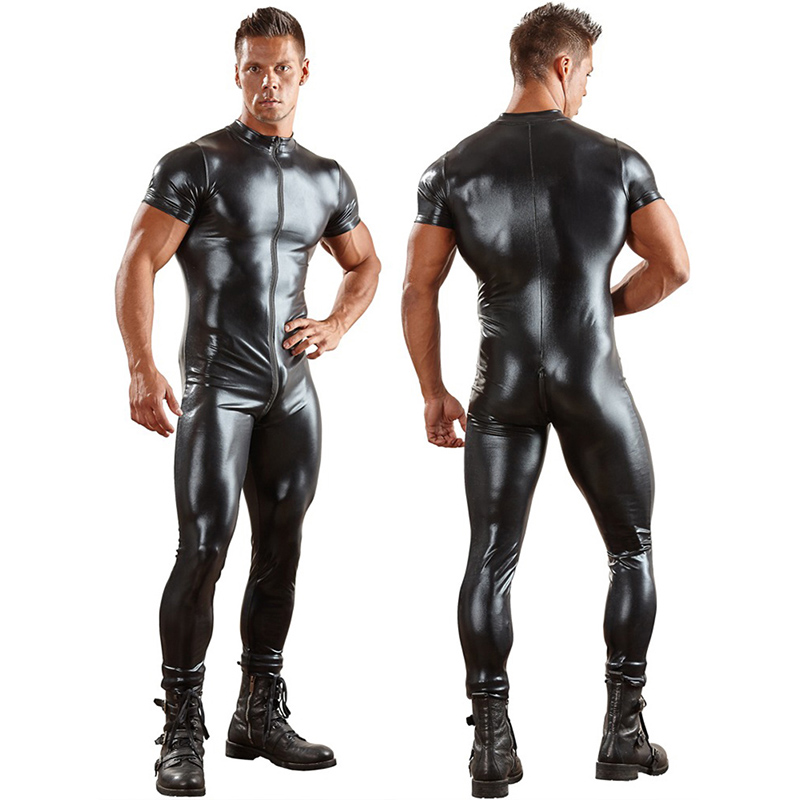 Mens Rubber Bodysuit Patent Leather Zipper Short Sleeve Lycra Underwear